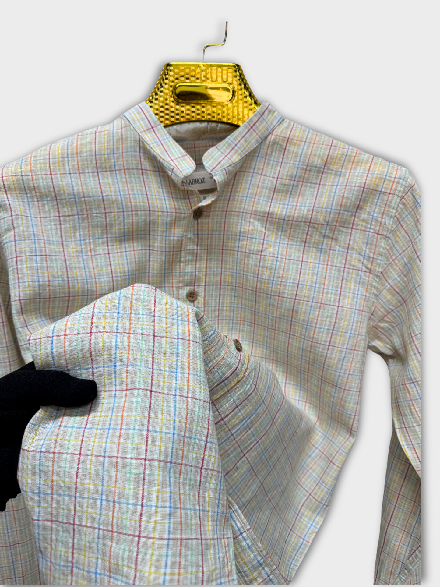 MANDARIN COLLAR BEIGE SLIM FIT LINEN BLEND SHIRT
