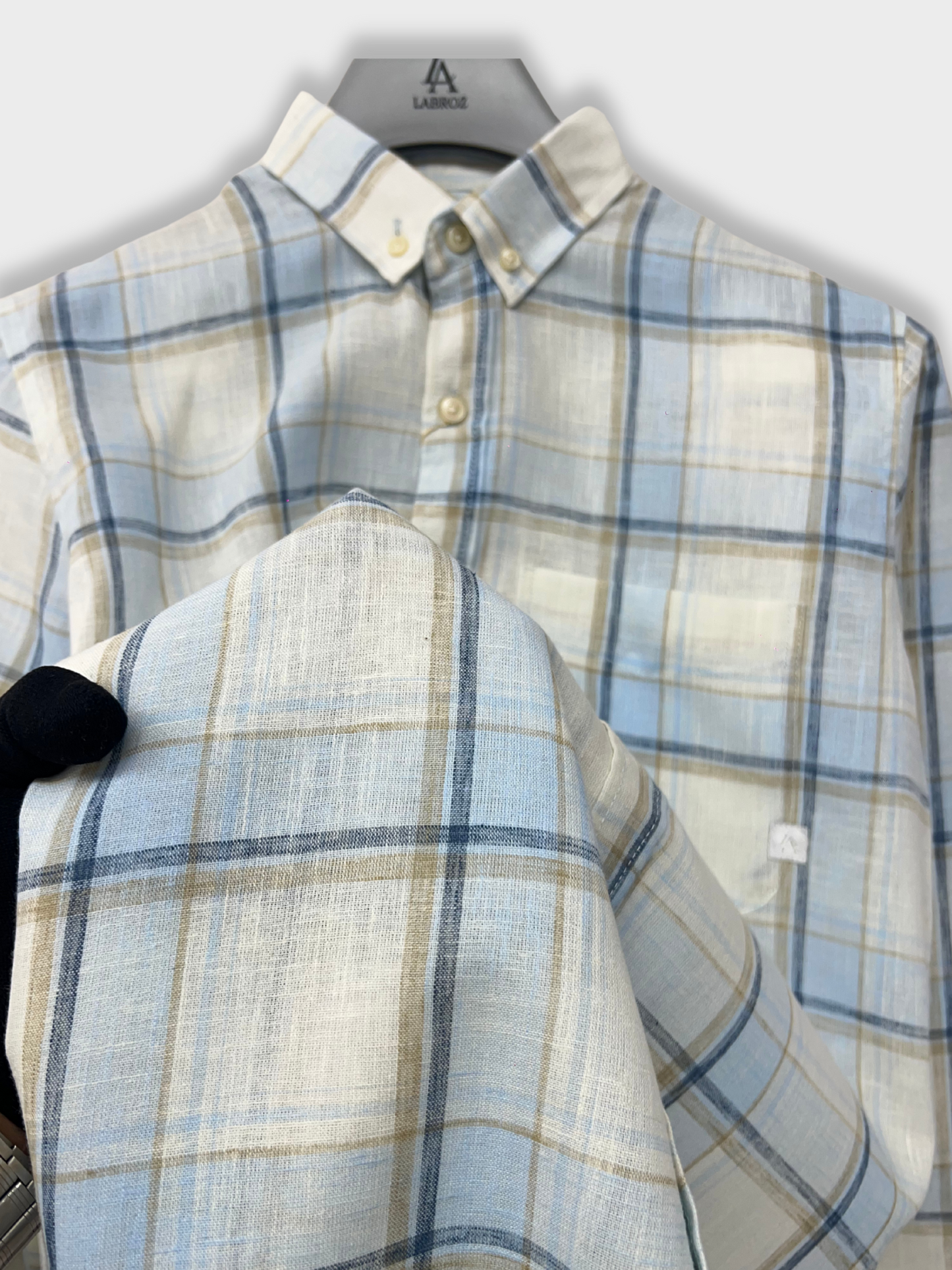 BLUE CHECKERED LINEN BLEND SLIM FIT SHIRT