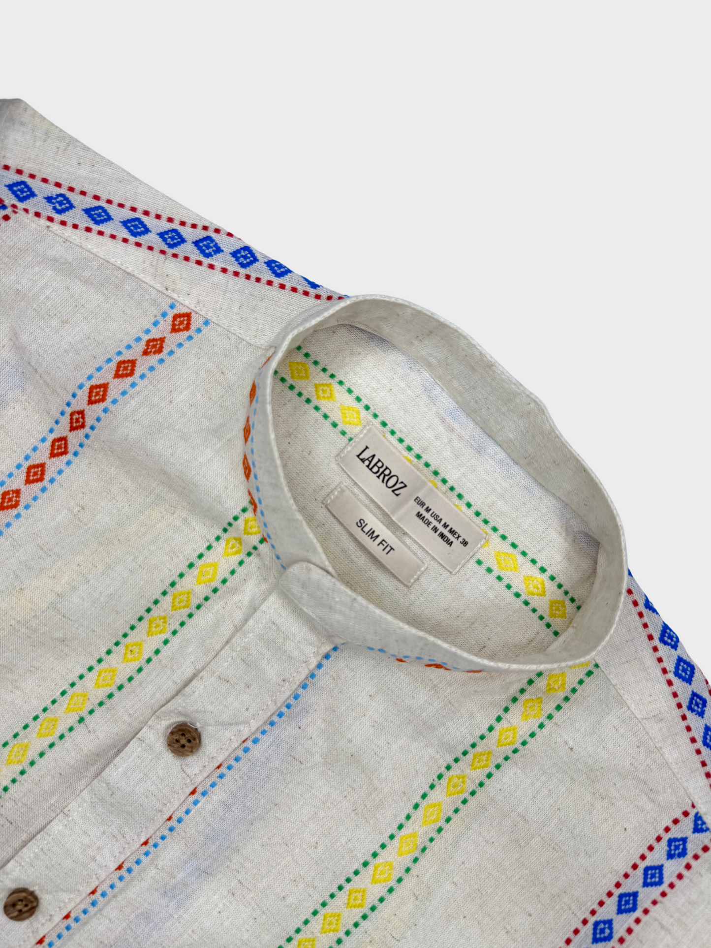 MANDARIN COLLAR WHITE SLIM FIT LINEN BLEND SHIRT