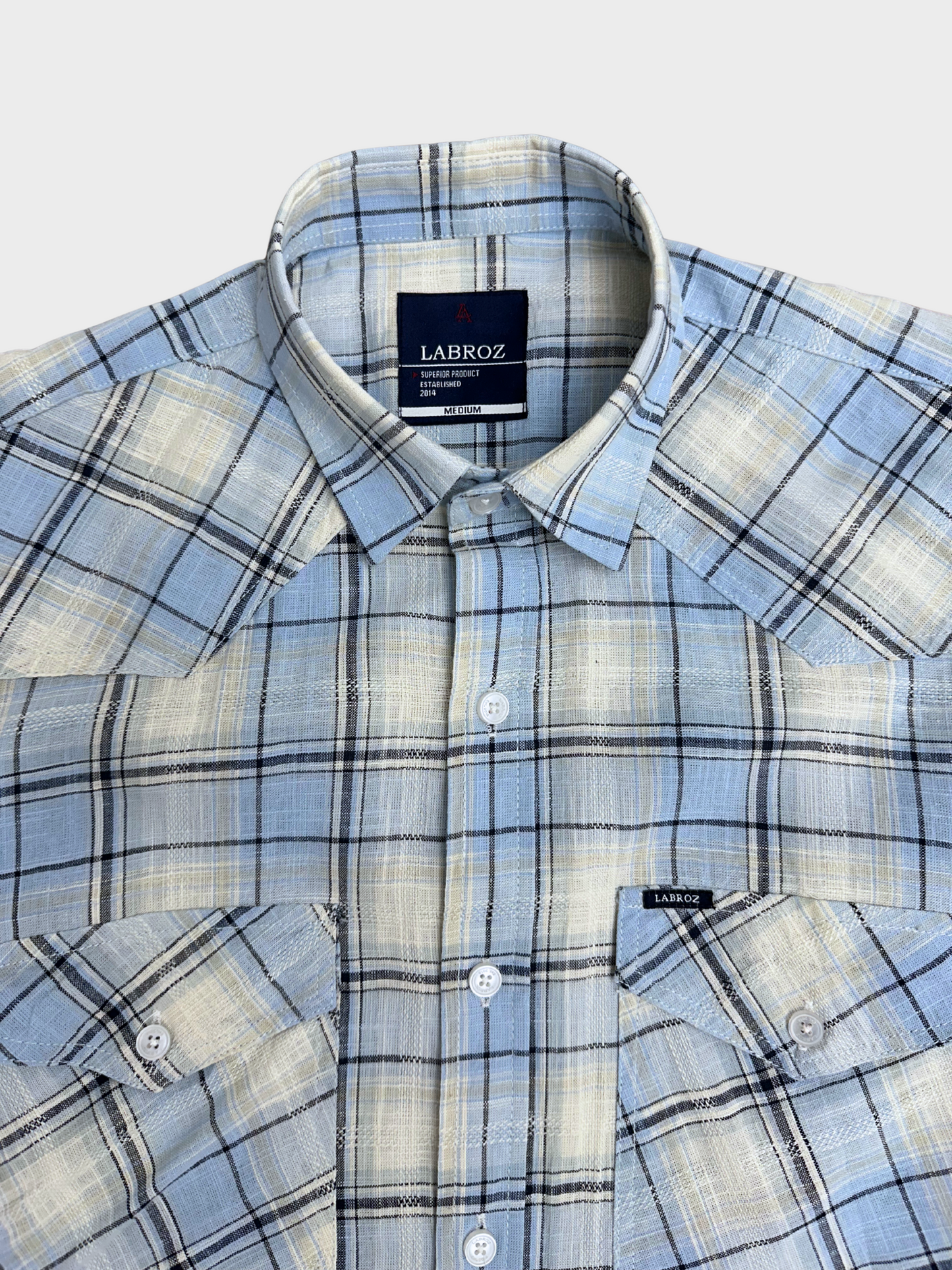 Men's Blue and Off-White Dobby Check Slim Fit Shirt