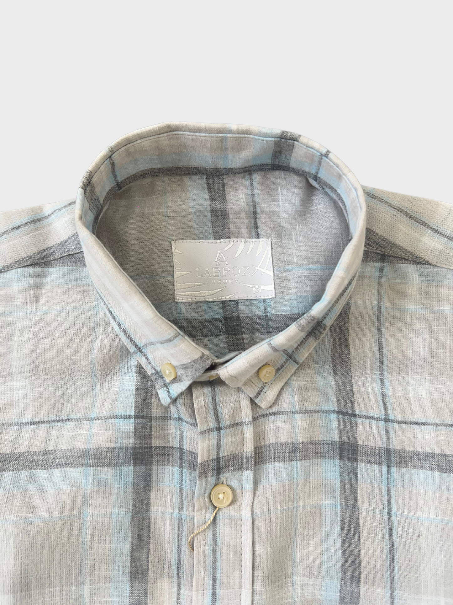 LIGHT GREY CHECKERED LINEN BLEND SLIM FIT SHIRT