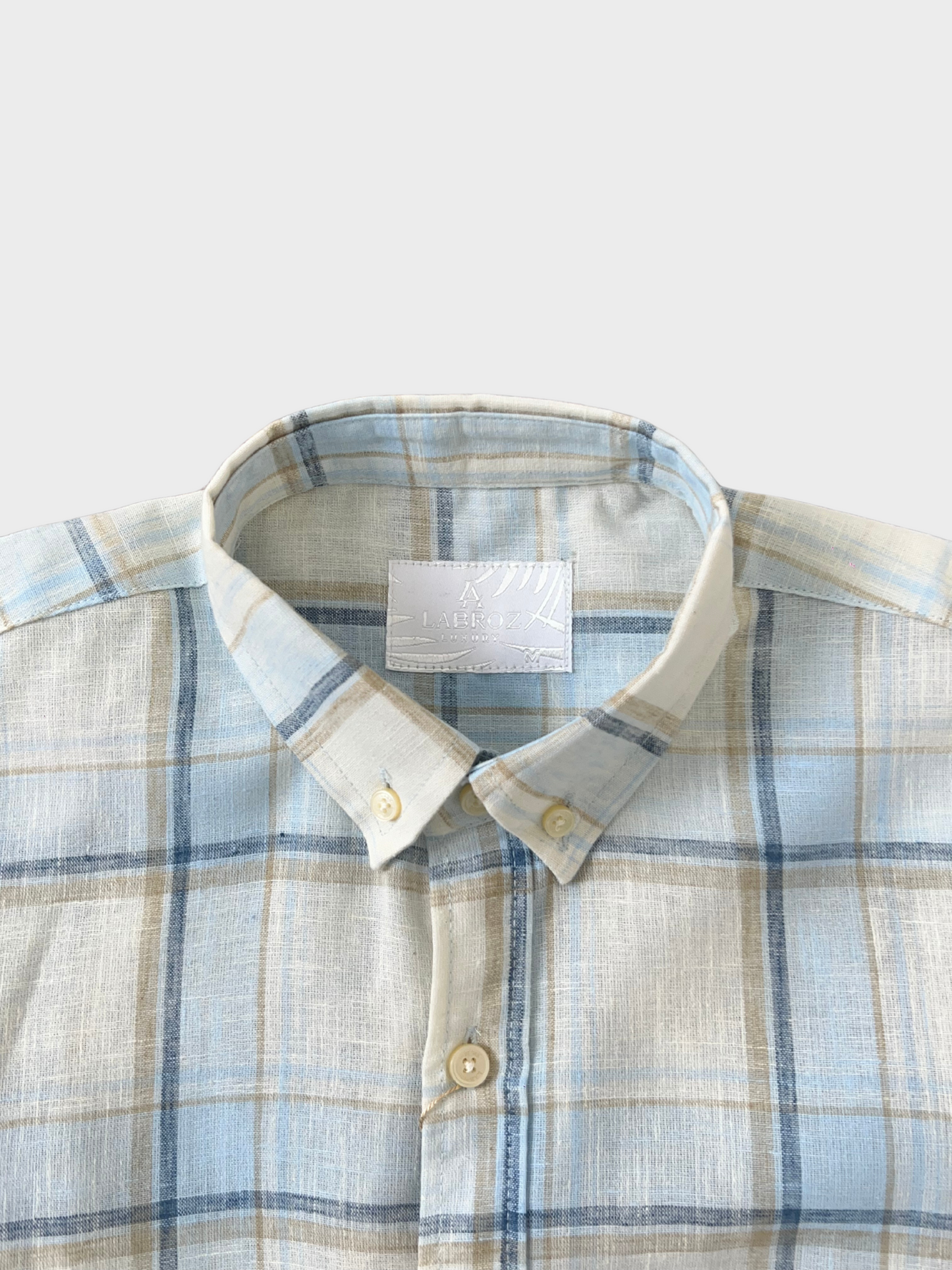 BLUE CHECKERED LINEN BLEND SLIM FIT SHIRT