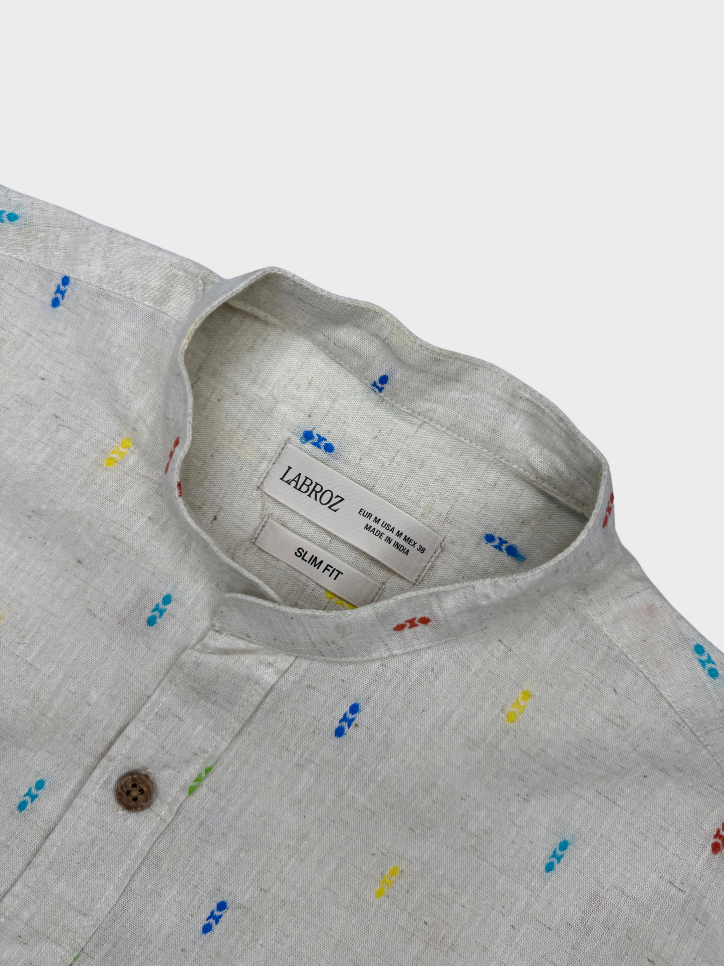 MANDARIN COLLAR OFF-WHITE SLIM FIT LINEN BLEND SHIRT