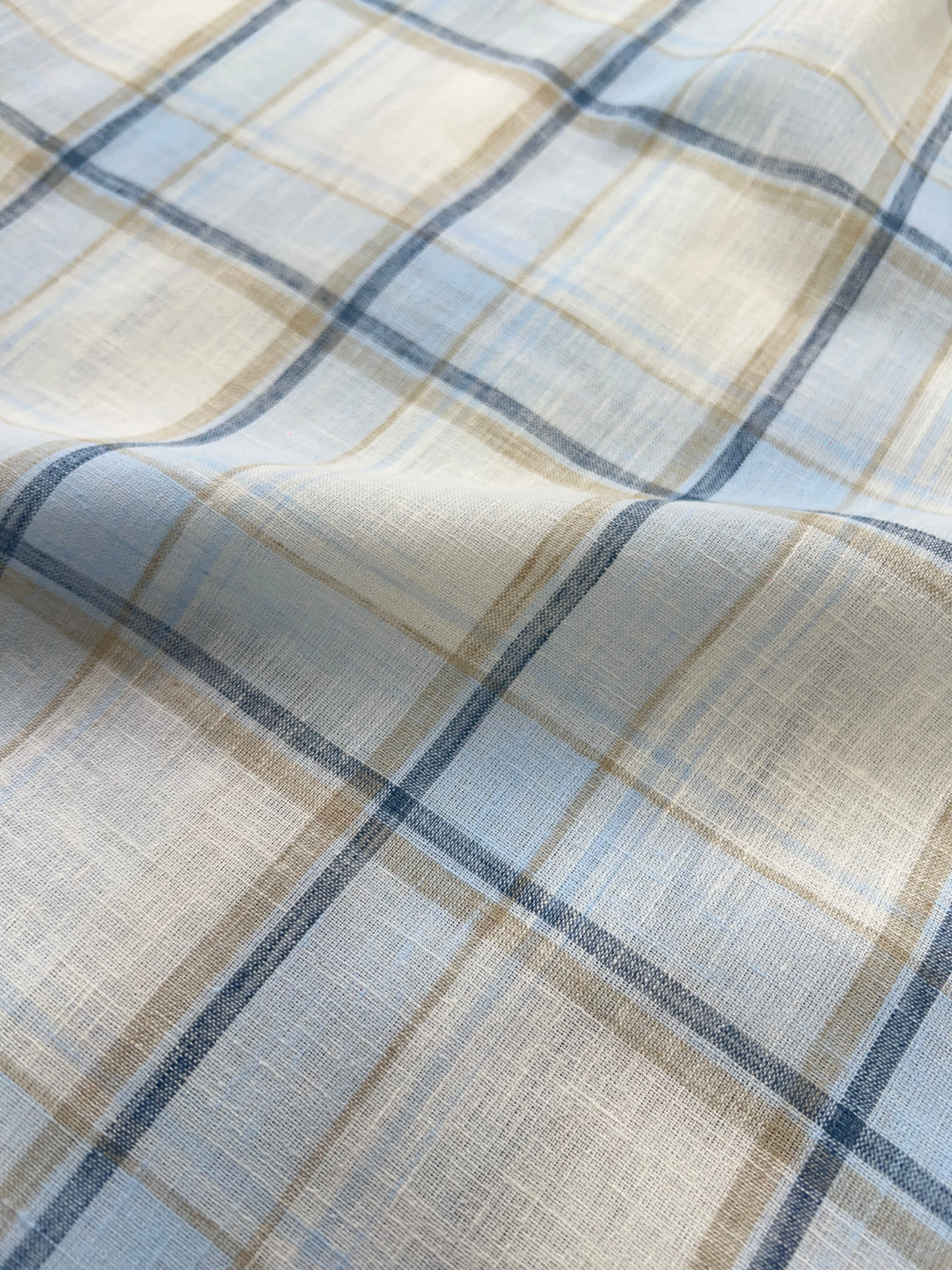 BLUE CHECKERED LINEN BLEND SLIM FIT SHIRT