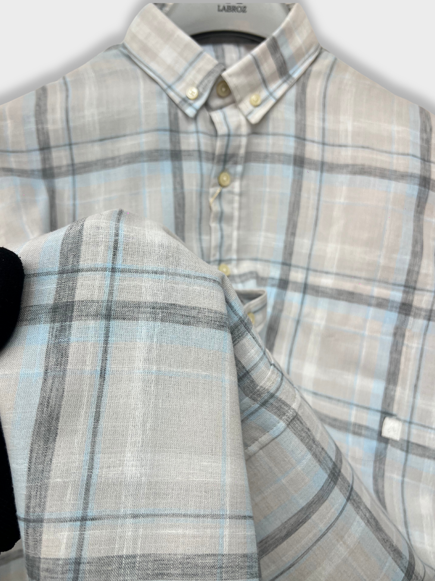 LIGHT GREY CHECKERED LINEN BLEND SLIM FIT SHIRT