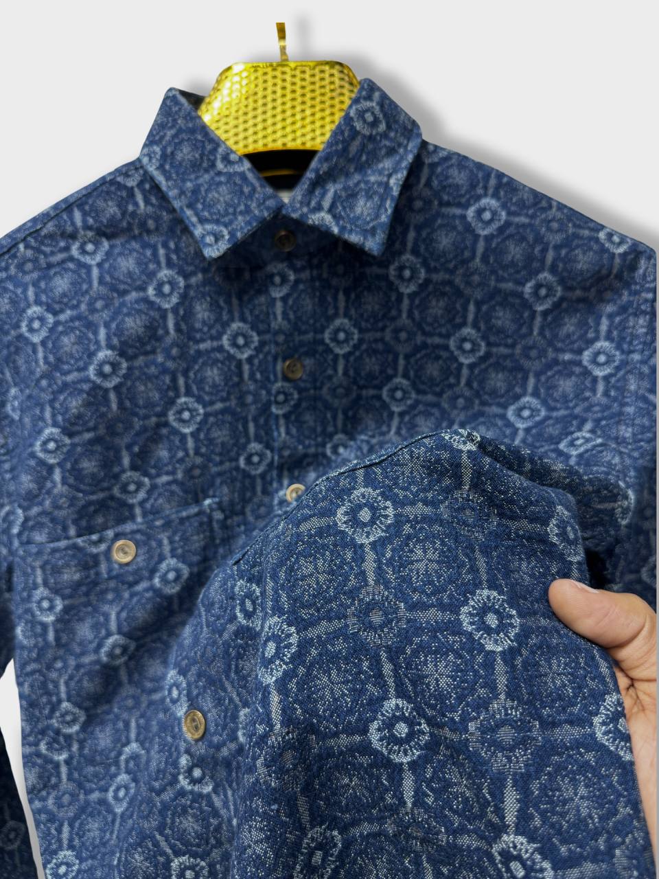 NAVY BLUE JACQUARD SLIM FIT DENIM SHIRT