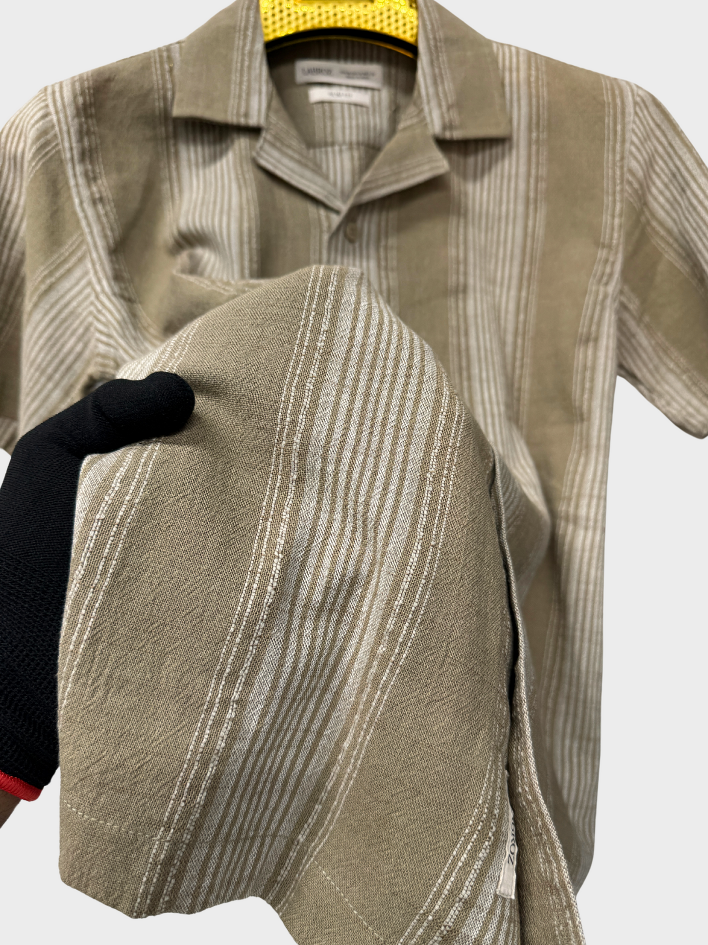 TAN STRIPED TEXTURED HALF SLEEVES SHIRT