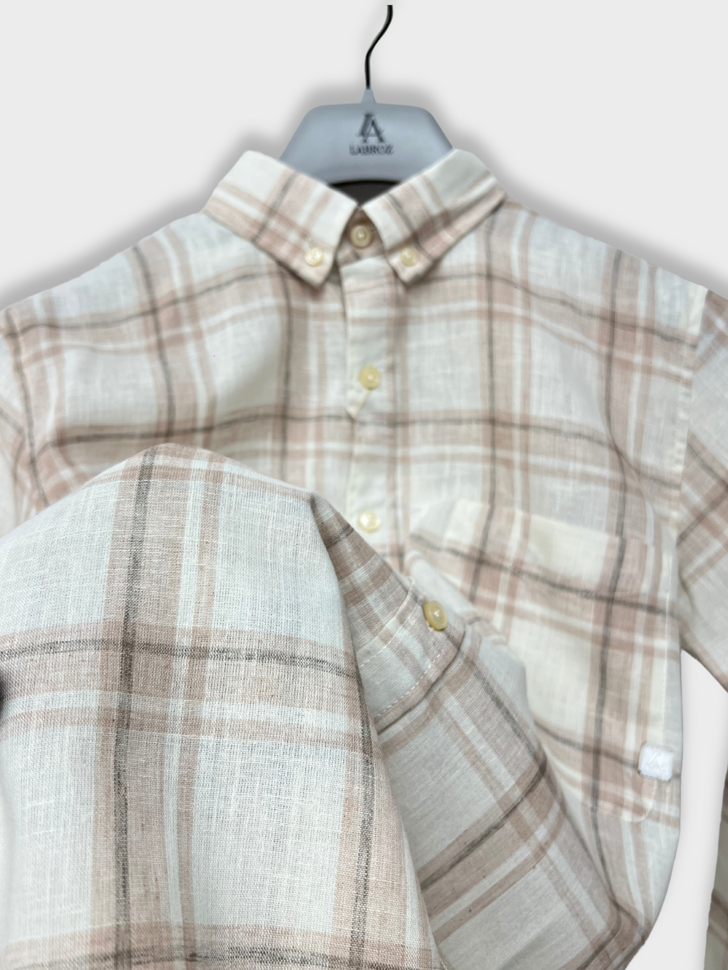 PEACH CHECKERED LINEN BLEND SLIM FIT SHIRT