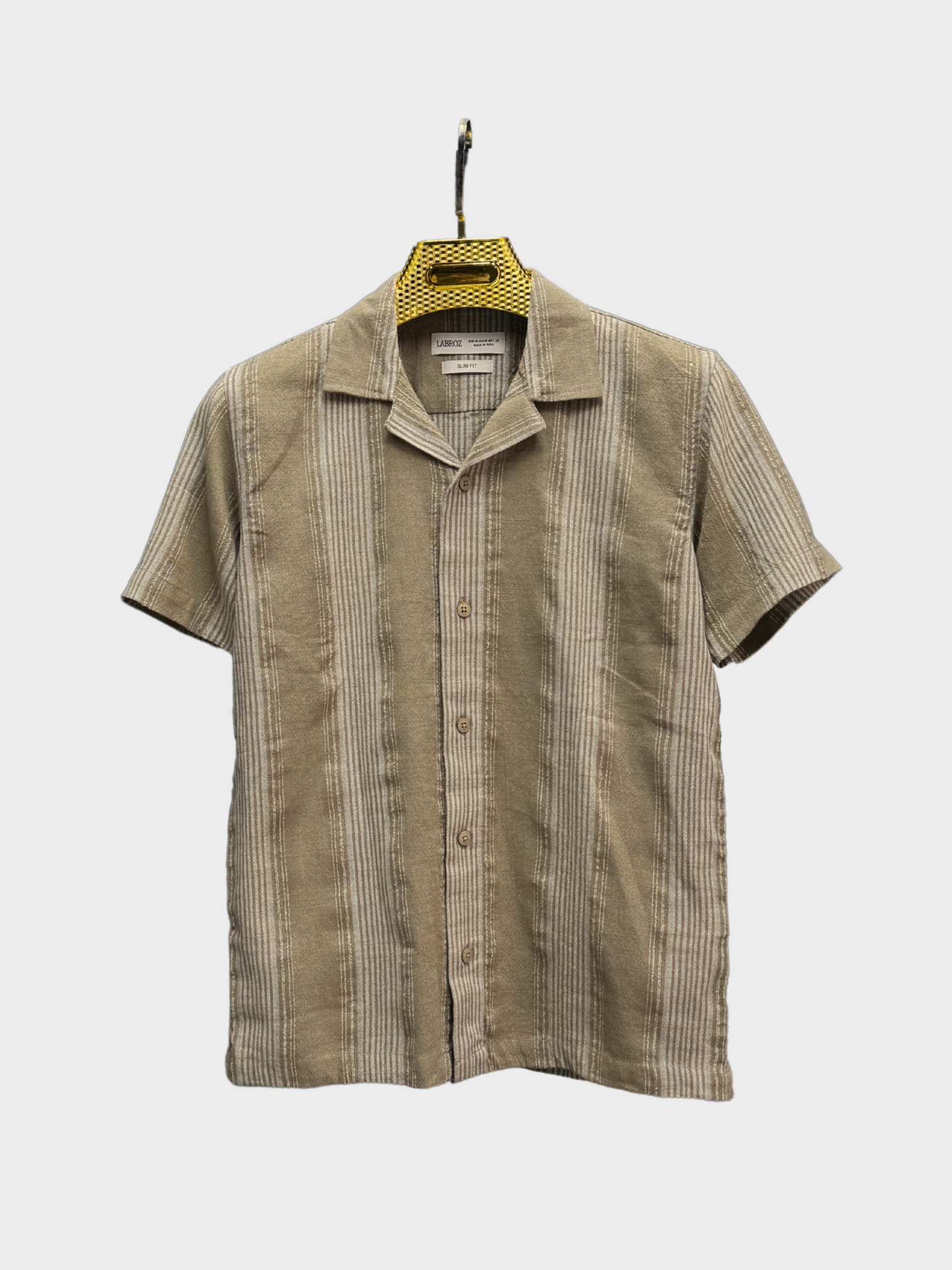 TAN STRIPED TEXTURED HALF SLEEVES SHIRT