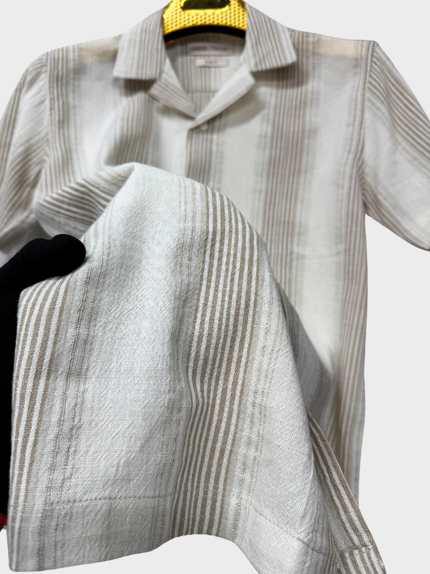 ECRU STRIPED TEXTURED HALF SLEEVES SHIRT