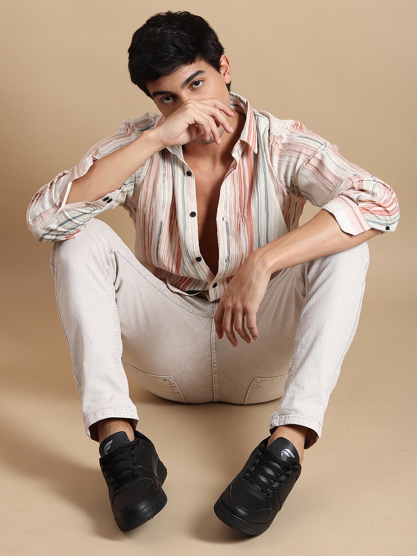 BURNT ORANGE TEXTURED SLIM FIT SHIRT