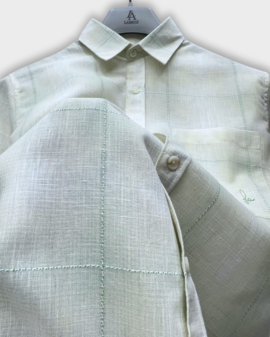 Men's Slim Fit Checkered Soft Green Linen Shirt