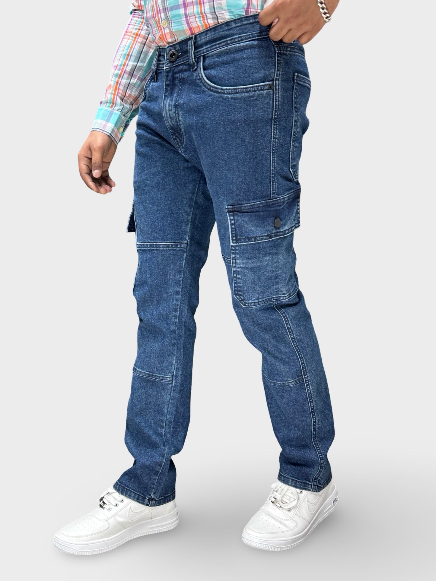 MID BLUE COMFORT FIT DENIM CARGO PANTS