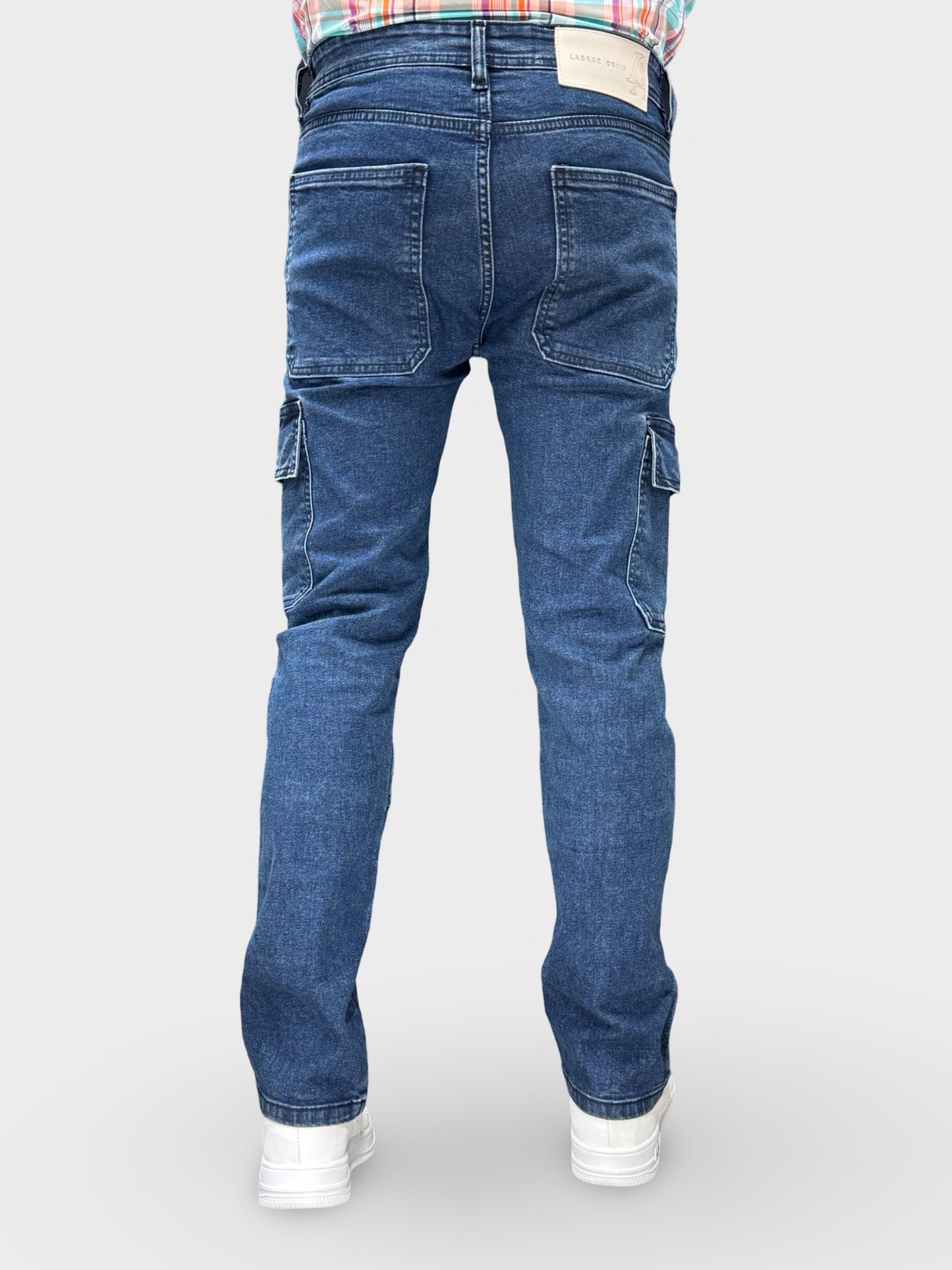 MID BLUE COMFORT FIT DENIM CARGO PANTS