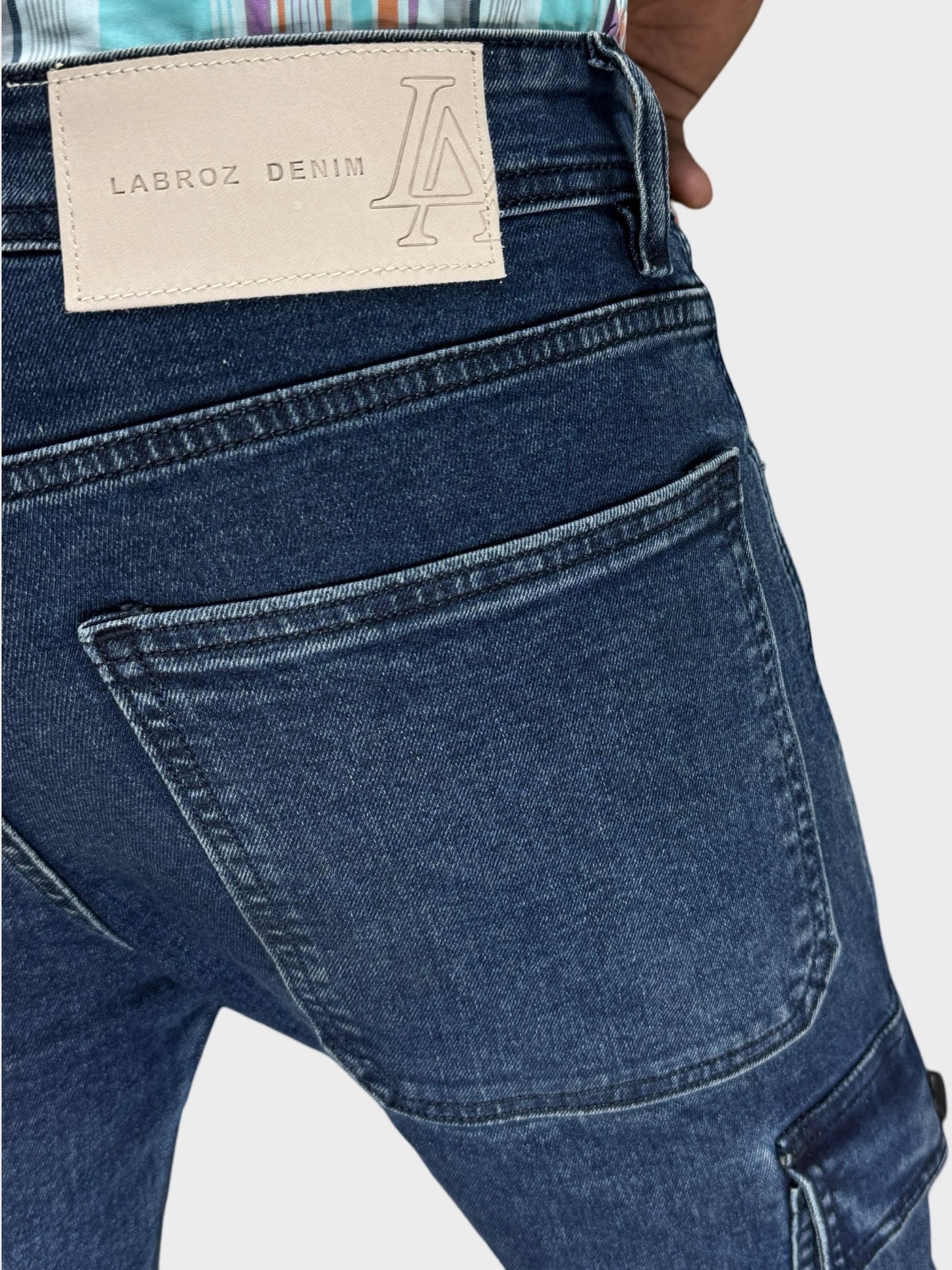 MID BLUE COMFORT FIT DENIM CARGO PANTS