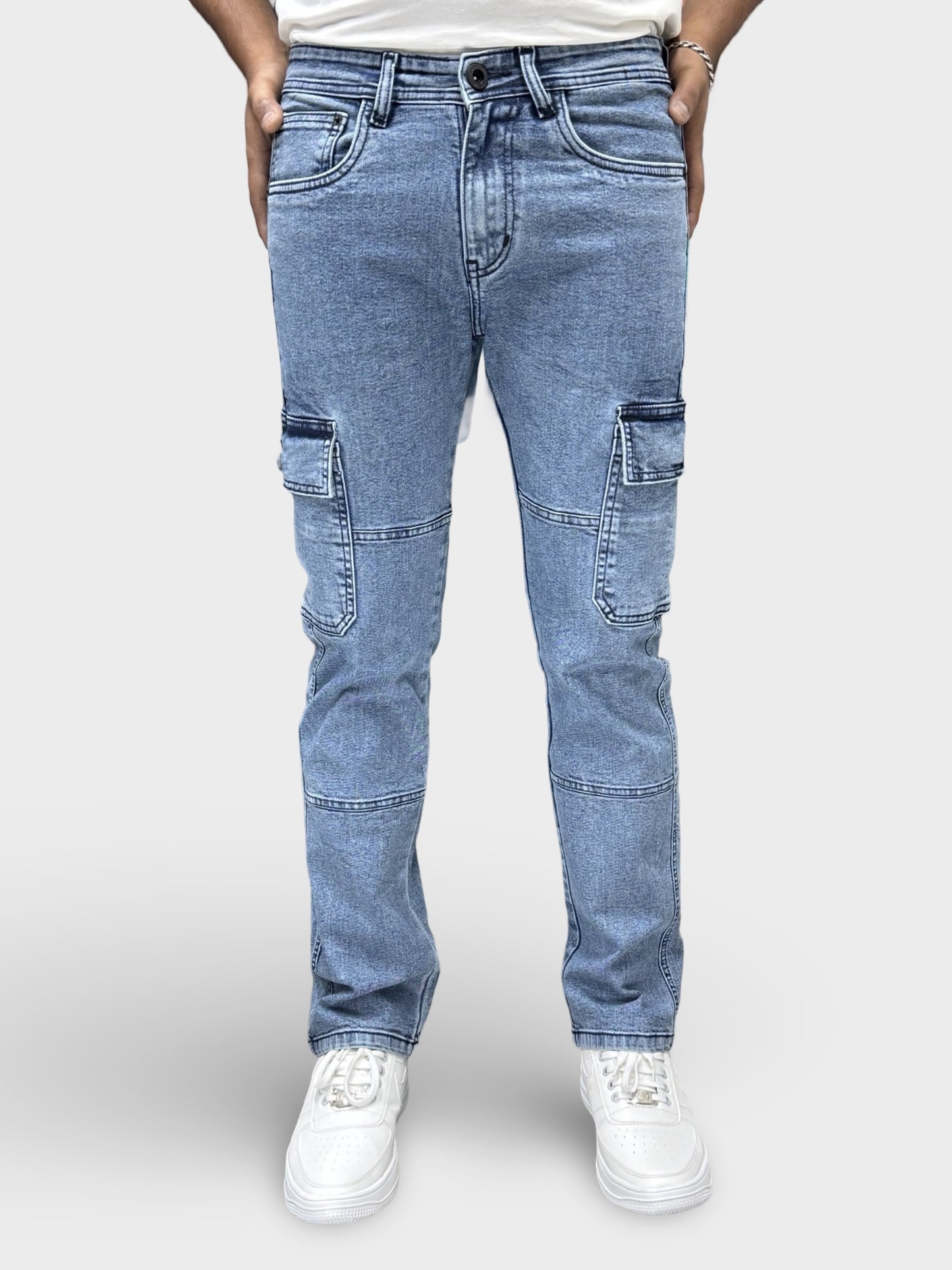 ICE BLUE COMFORT FIT DENIM CARGO PANTS