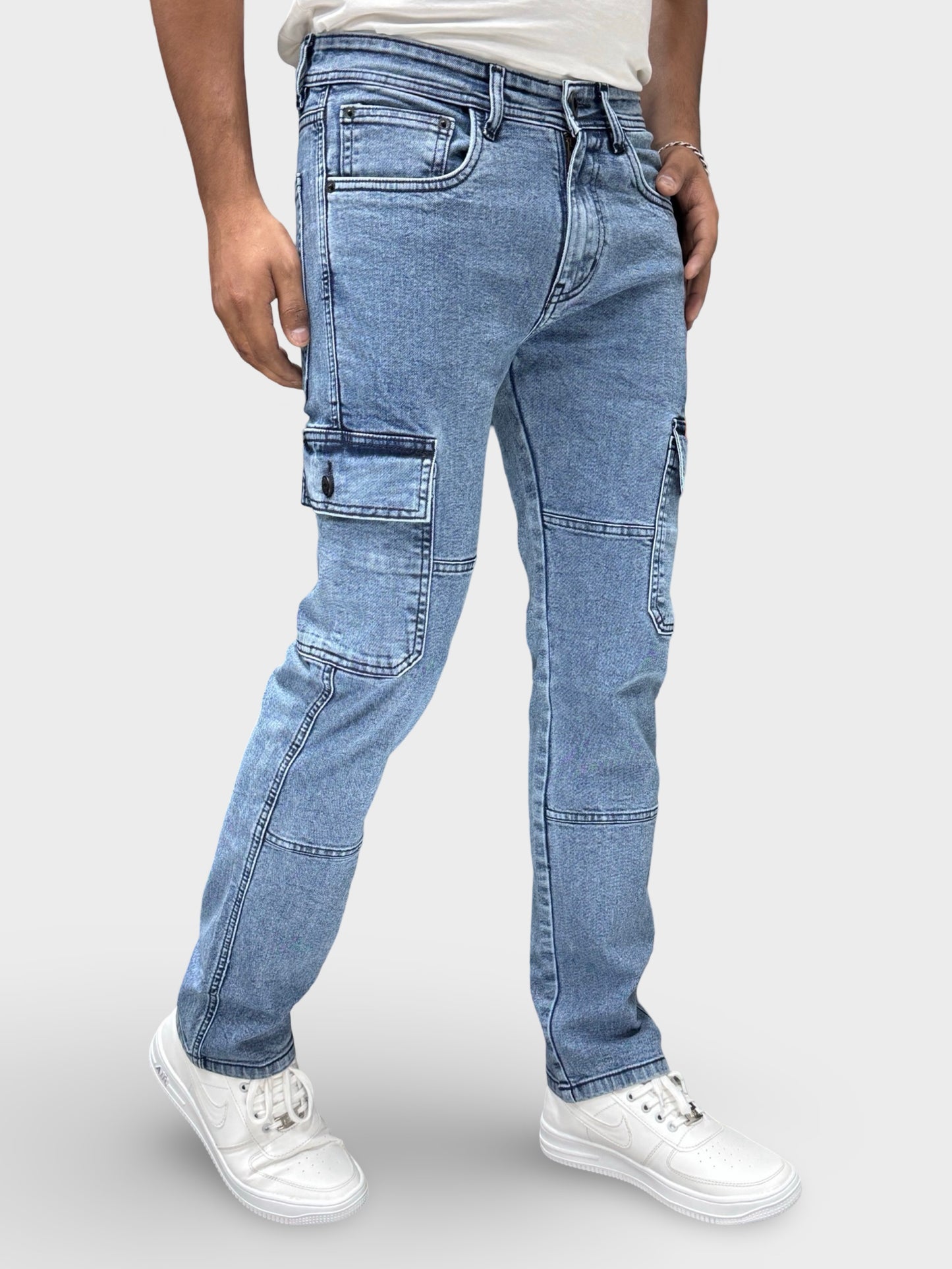 ICE BLUE COMFORT FIT DENIM CARGO PANTS
