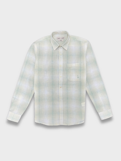 Men's Slim Fit Checkered Soft Green Linen Shirt