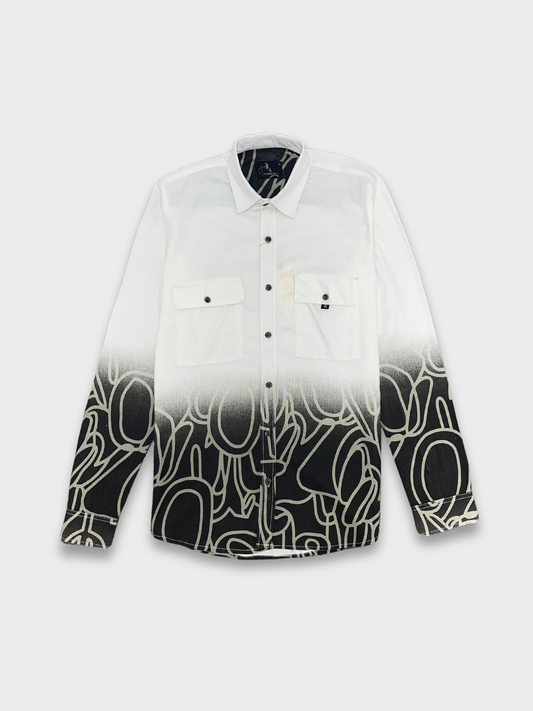Men's White Black Gradient Abstract Graphic Dobby Shirt
