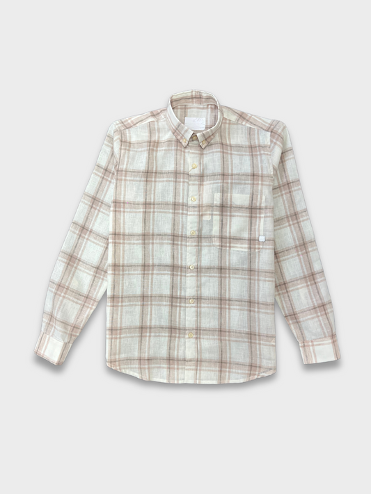 PEACH CHECKERED LINEN BLEND SLIM FIT SHIRT