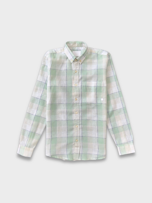 GREEN CHECKERED LINEN BLEND SLIM FIT SHIRT