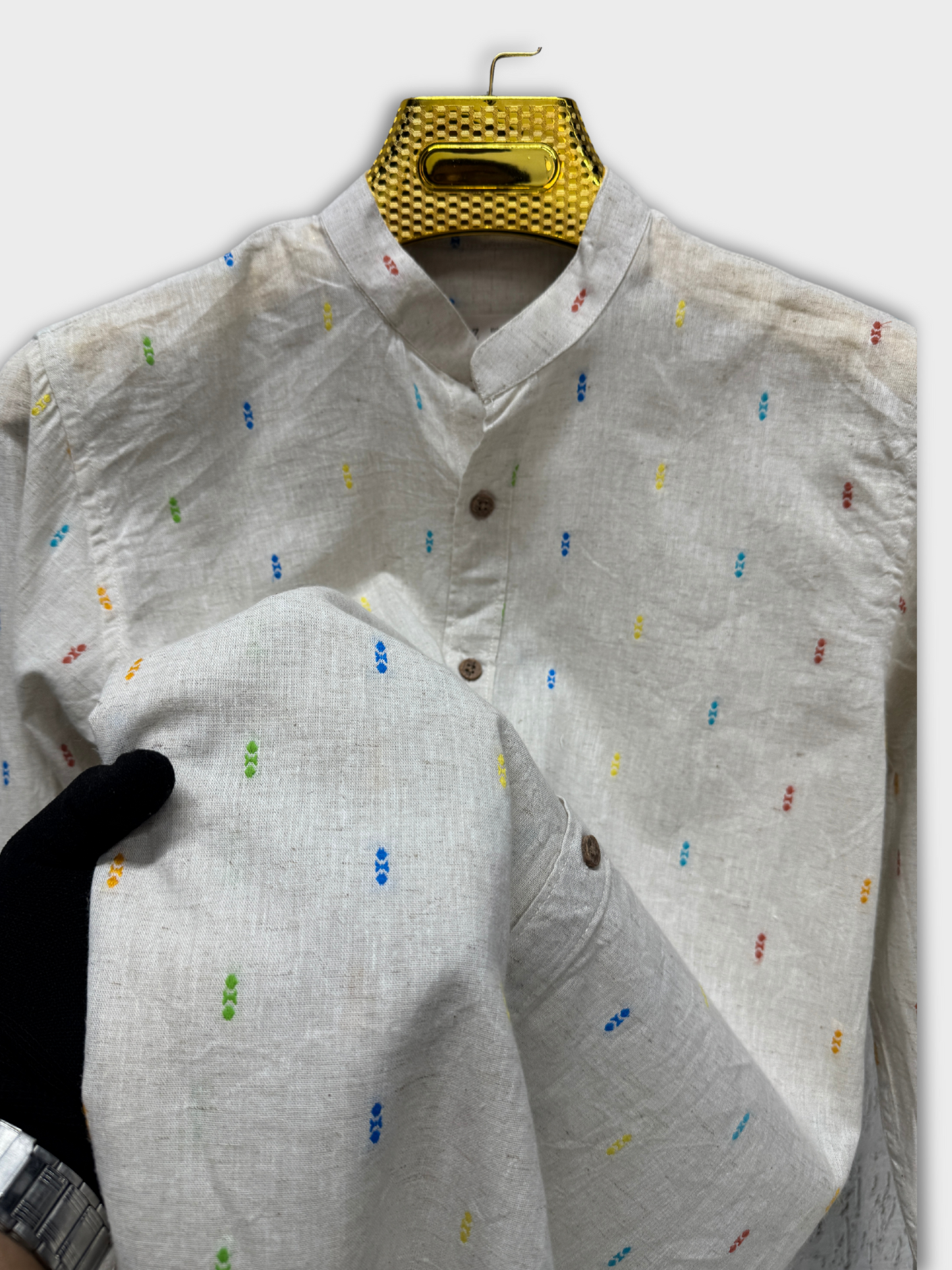 MANDARIN COLLAR OFF-WHITE SLIM FIT LINEN BLEND SHIRT