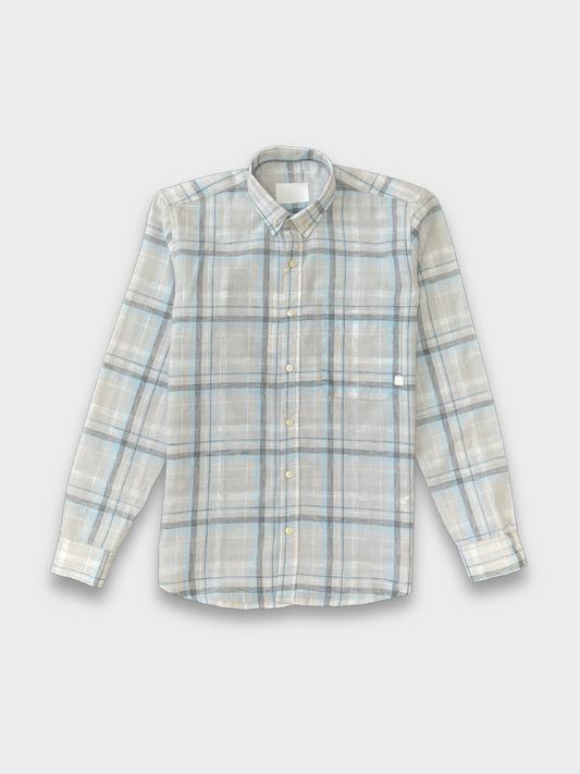 LIGHT GREY CHECKERED LINEN BLEND SLIM FIT SHIRT