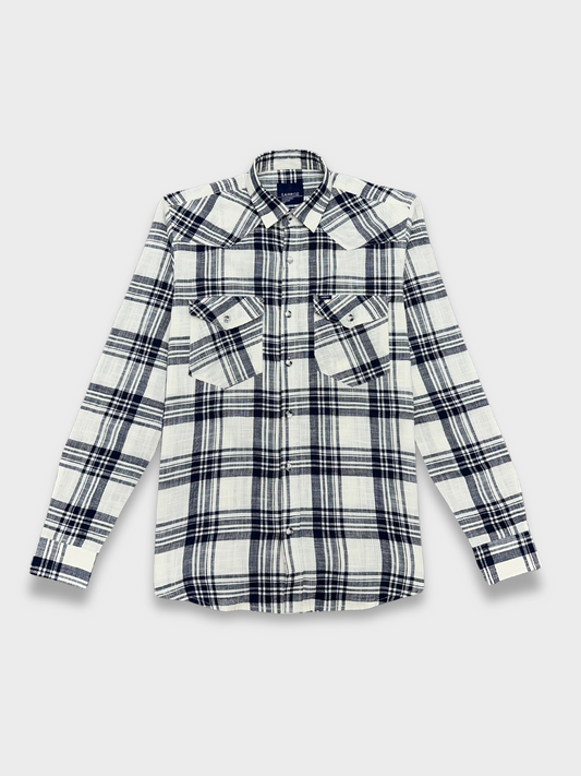 Men's White Dobby Blue Check Slim Fit Shirt