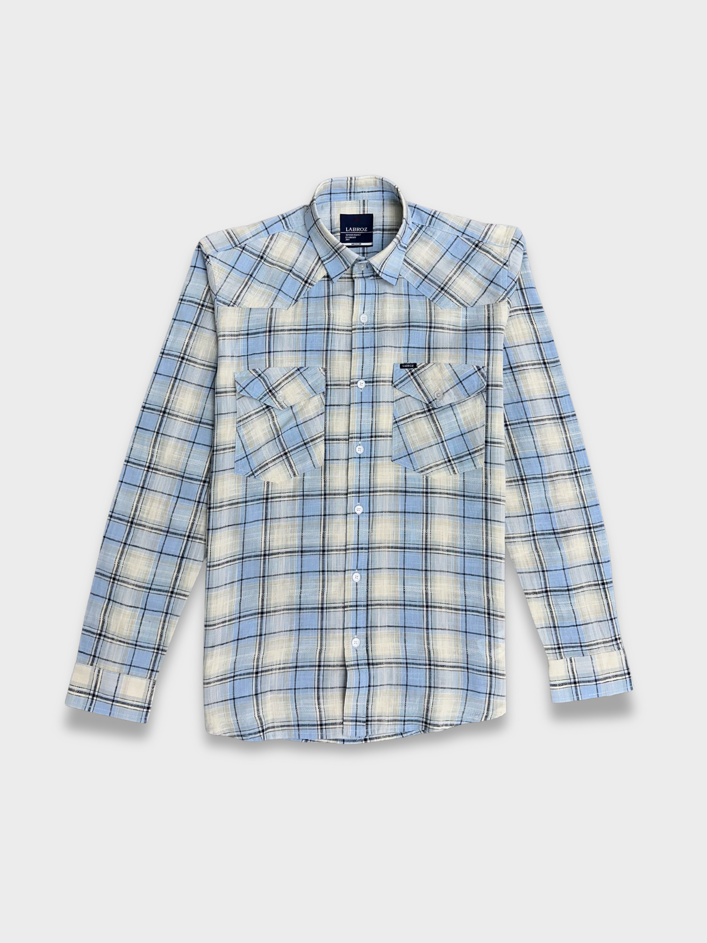 Men's Blue and Off-White Dobby Check Slim Fit Shirt