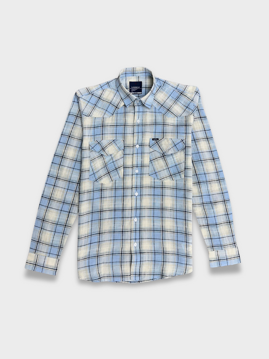 Men's Blue and Off-White Dobby Check Slim Fit Shirt