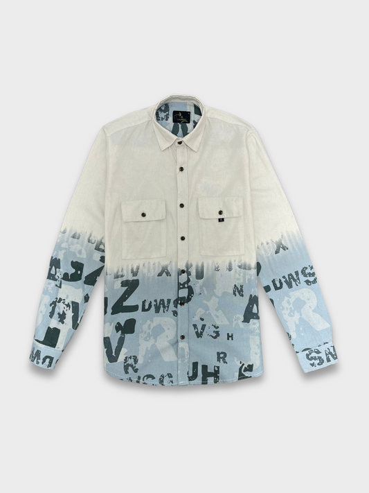 Men's Off White & Light Blue Gradient Abstract Print Dobby Shirt