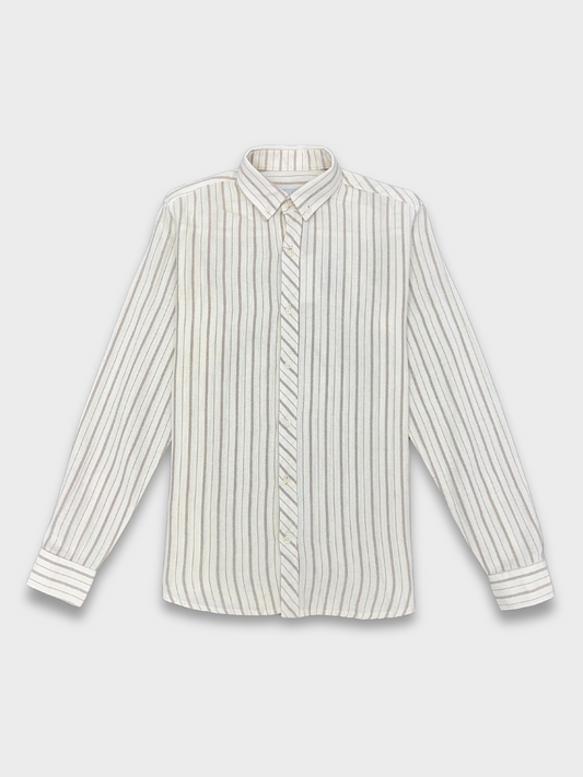 Men's Off White Linen Striped Slim Fit Shirt