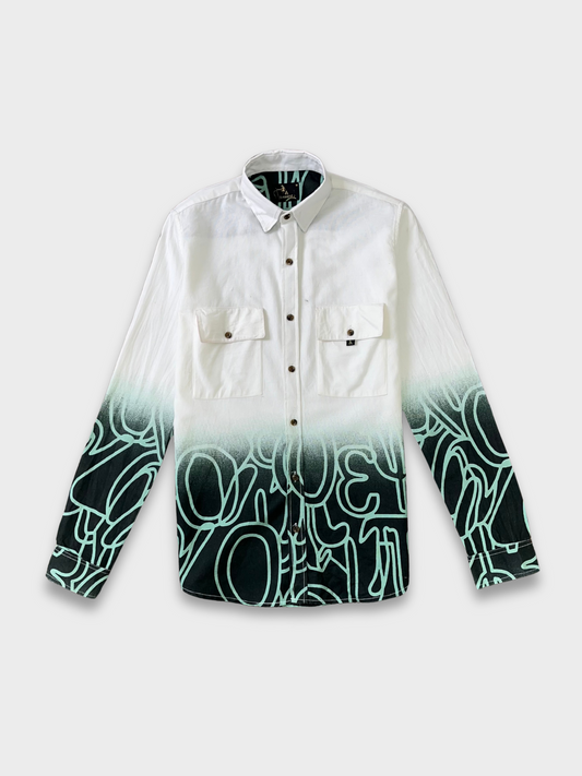 Men's White & Green Gradient Abstract Graphic Dobby Shirt