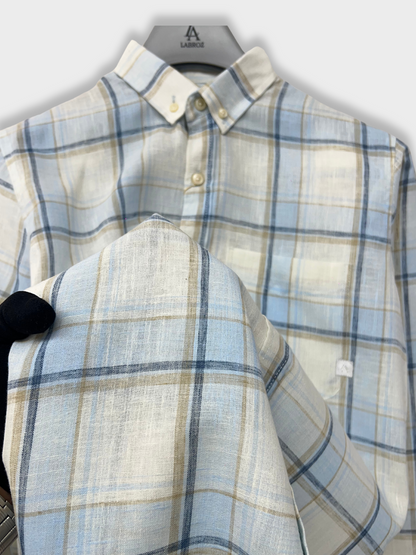 BLUE CHECKERED LINEN BLEND SLIM FIT SHIRT