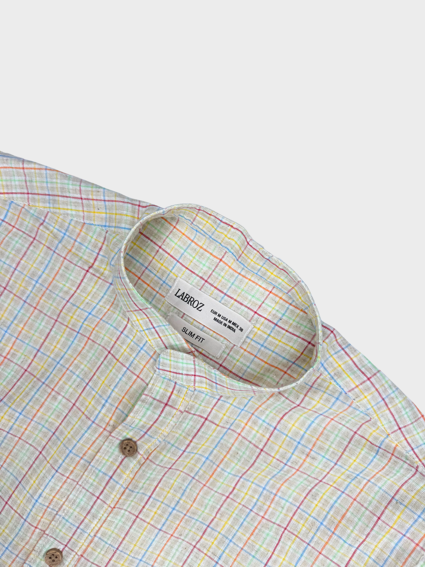 MANDARIN COLLAR BEIGE SLIM FIT LINEN BLEND SHIRT