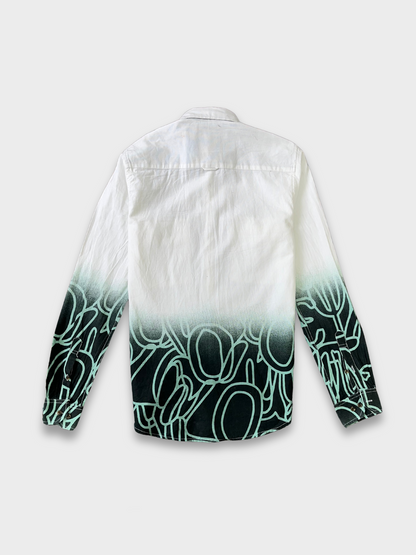 Men's White & Green Gradient Abstract Graphic Dobby Shirt