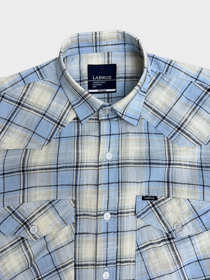 Men's Blue and Off-White Dobby Check Slim Fit Shirt