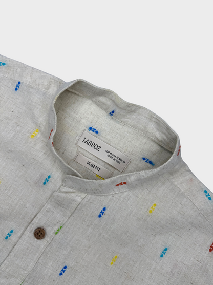 MANDARIN COLLAR OFF-WHITE SLIM FIT LINEN BLEND SHIRT
