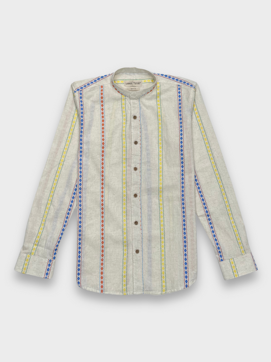 MANDARIN COLLAR WHITE SLIM FIT LINEN BLEND SHIRT