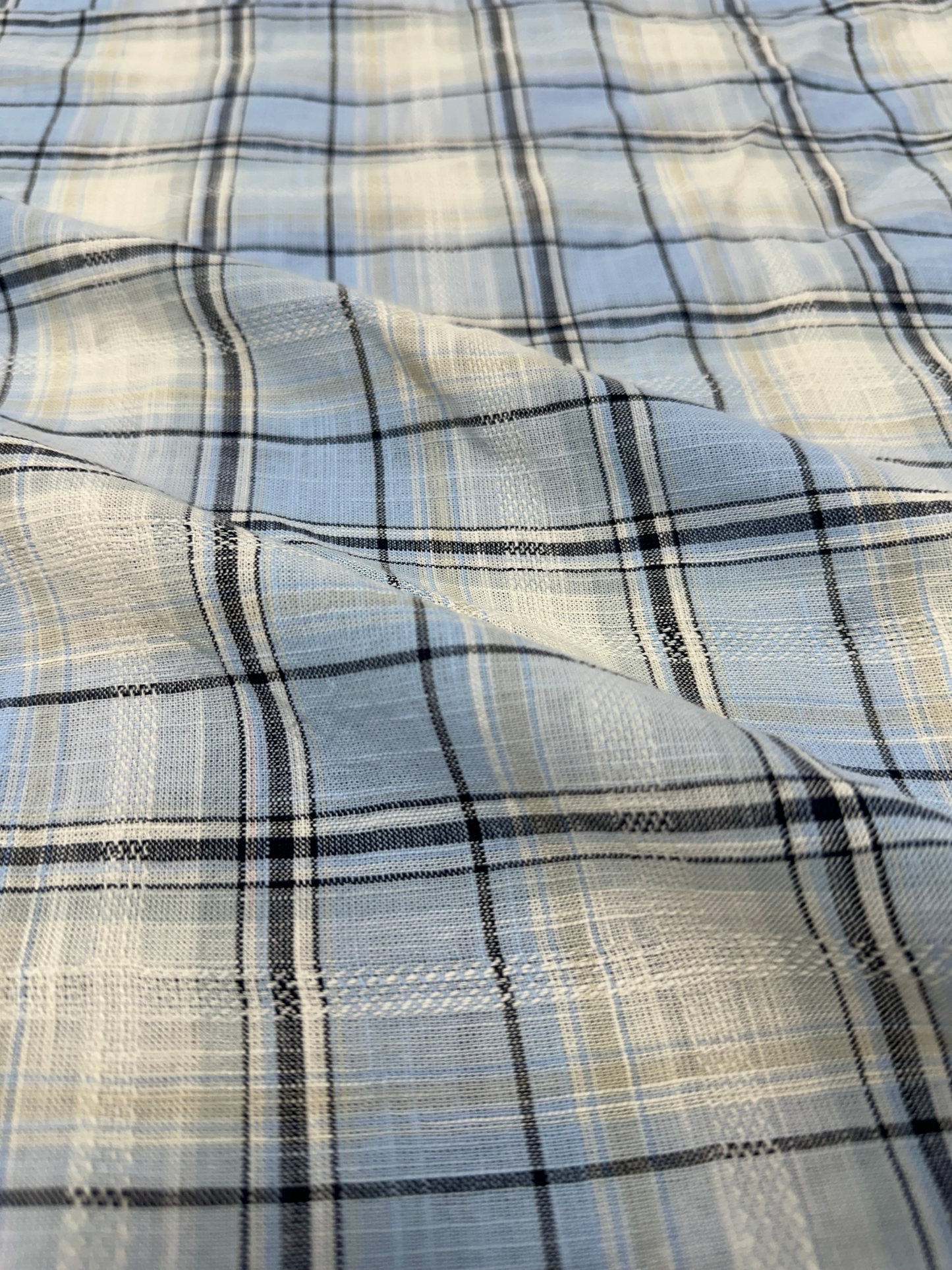 Men's Blue and Off-White Dobby Check Slim Fit Shirt