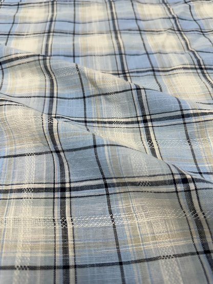 Men's Blue and Off-White Dobby Check Slim Fit Shirt