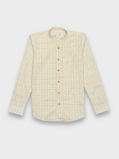 MANDARIN COLLAR BEIGE SLIM FIT LINEN BLEND SHIRT