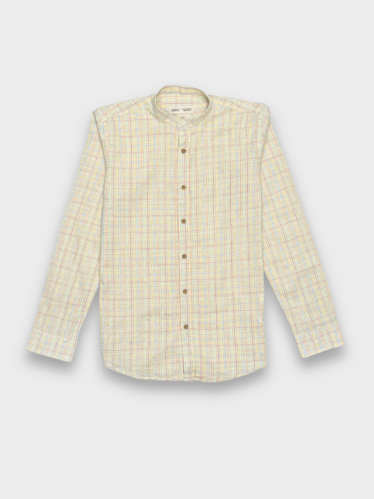 MANDARIN COLLAR BEIGE SLIM FIT LINEN BLEND SHIRT