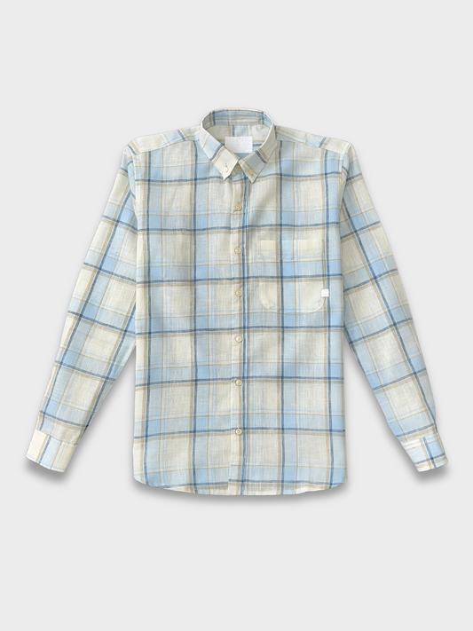 BLUE CHECKERED LINEN BLEND SLIM FIT SHIRT