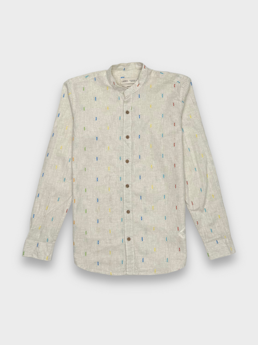 MANDARIN COLLAR OFF-WHITE SLIM FIT LINEN BLEND SHIRT