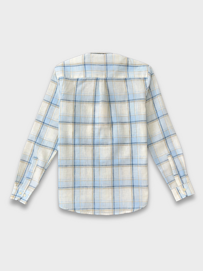 BLUE CHECKERED LINEN BLEND SLIM FIT SHIRT