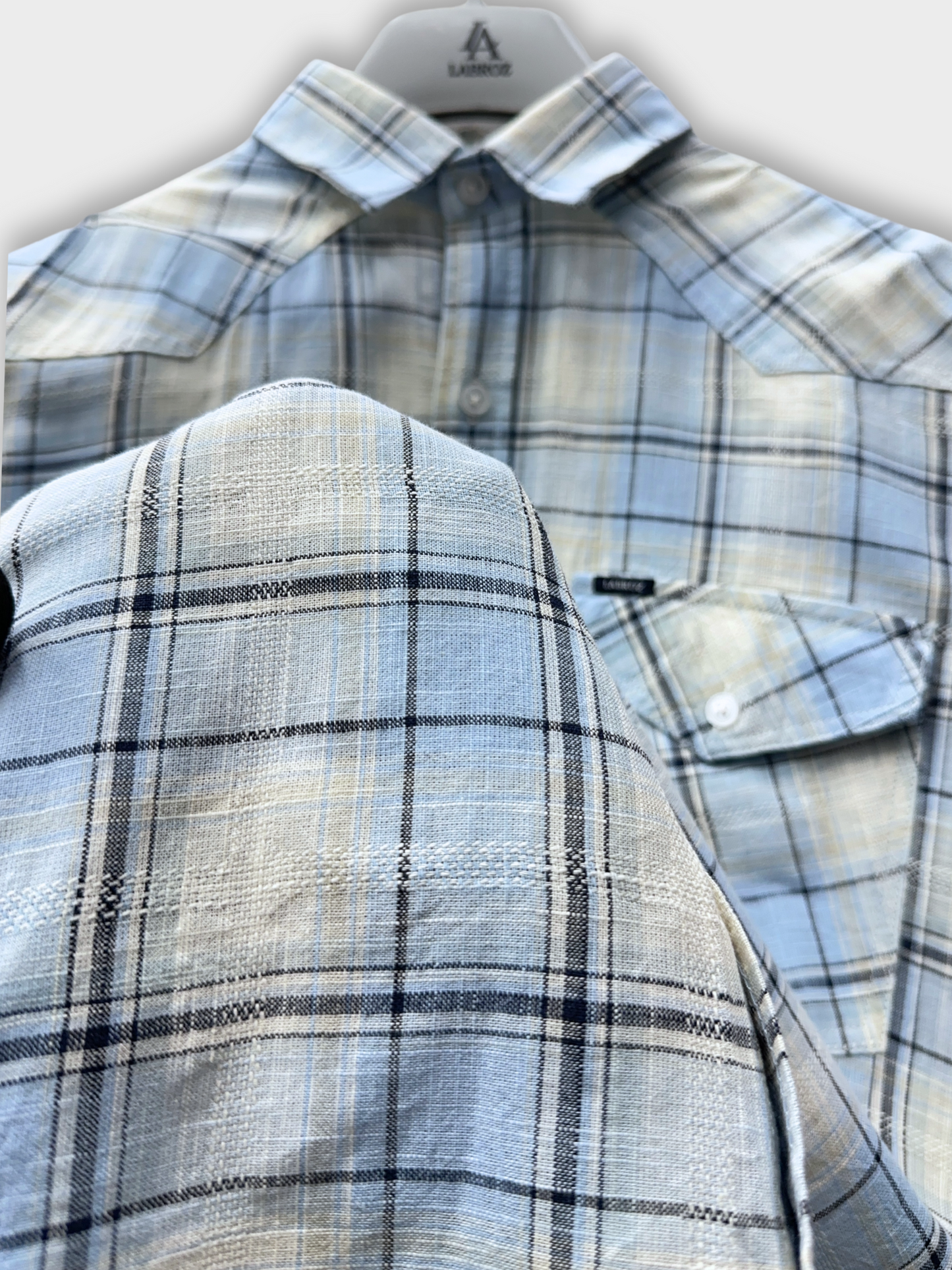 Men's Blue and Off-White Dobby Check Slim Fit Shirt