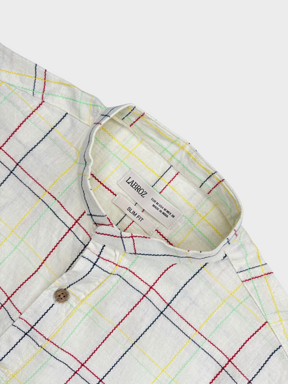 MANDARIN COLLAR WHITE SLIM FIT LINEN BLEND SHIRT