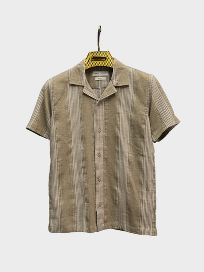 TAN STRIPED TEXTURED HALF SLEEVES SHIRT