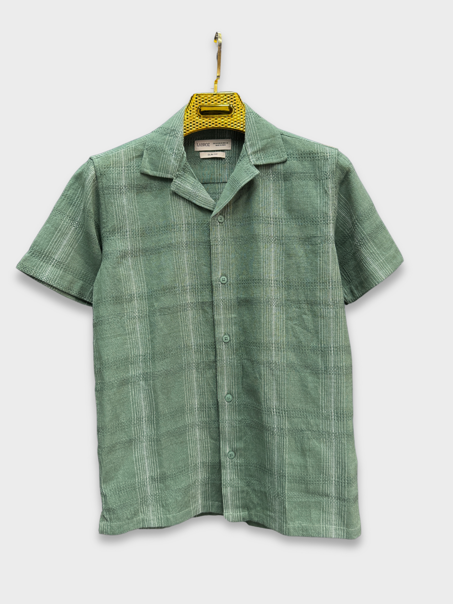 SAGE GREEN STRIPED TEXTURED HALF SLEEVES SHIRT